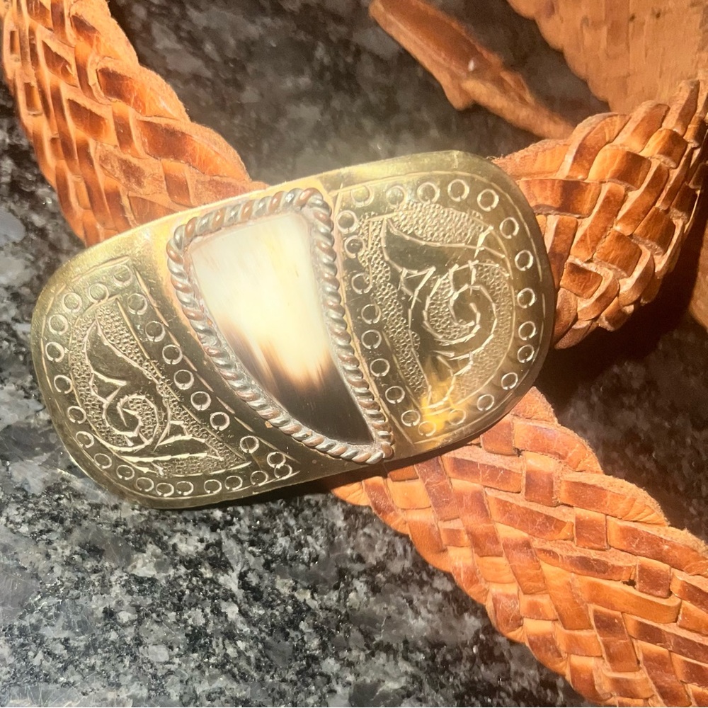 Hand Crafted Vintage Braided Leather & Brass/Bone Buckle Sz S/M